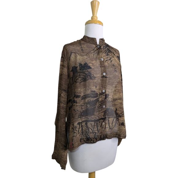 Chico's Asian Print Sheer Brown Mandarin Collar Button Calligraphy Top Small - Picture 2 of 10
